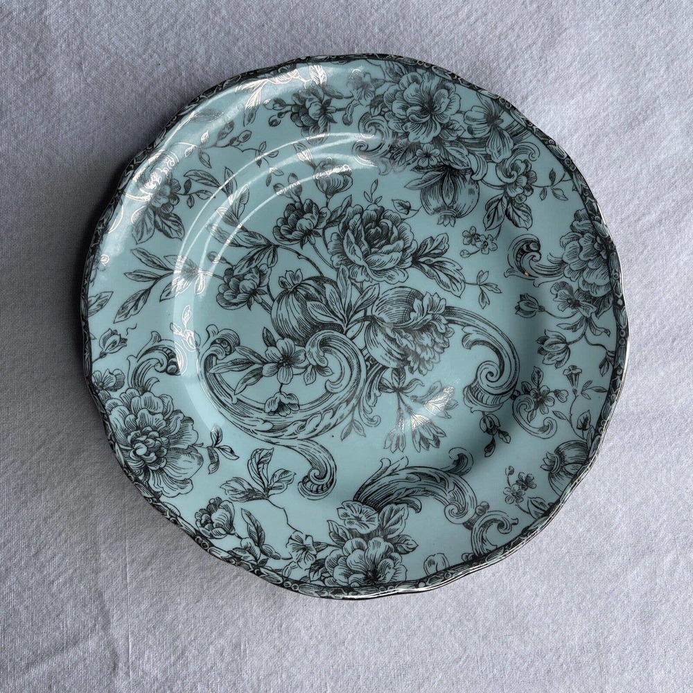 222 Fifth Adelaide Teal Green & Silver Fine China Salad Plate 8.5”